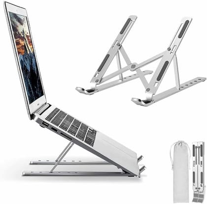 6 Angles Adjustable Aluminum Ergonomic Foldable Portable Tabletop Laptop/Desktop Riser Stand Holder Compatible for MacBook, HP, Dell, Lenovo & All Other Notebook (Silver, 1 Year Warranty)