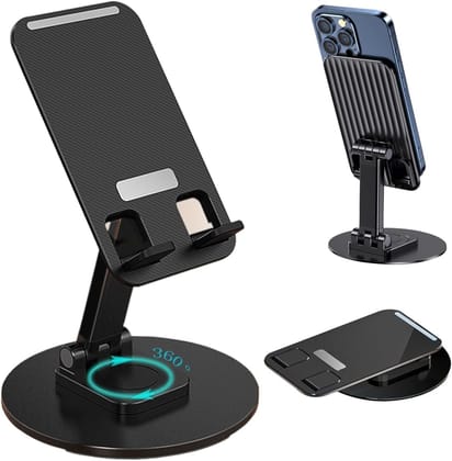 360° Rotation Adjustable Mobile Holder & Foldable Tablet Stand for Desk, Universal Height Angle Adjustable Phone Stand for Office & Travel (Black)
