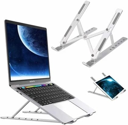 6 Angles Adjustable Aluminum Ergonomic Foldable Portable Tabletop Laptop/Desktop Riser Stand Holder Compatible for MacBook, HP, Dell, Lenovo & All Other Notebook (Silver, 1 Year Warranty)