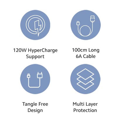 Mi 120W Fast Charging USB Type-C Cable, White TPE Material, 100cm Length, HyperCharge Support, 6A Power Delivery, Multi-Layer Protection, Tangle-Free Design