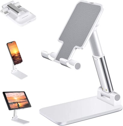 Adjustable Phone and Tablet Stand, Height and Angle Adjustable with Anti-Slip Base, Foldable Design for Devices up to 10.5 Inches, White