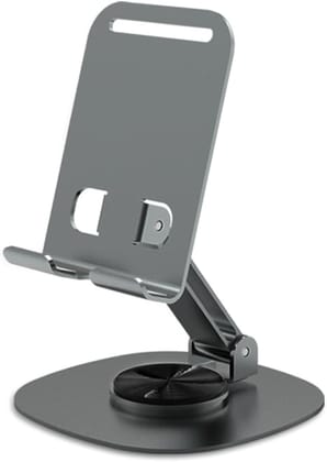 Premium 360° Adjustable Metal Phone Stand, Foldable Desktop Holder with Anti-Slip Base, All-Metal Construction, Height Adjustable for Mobile Phones and Tablets (Grey)