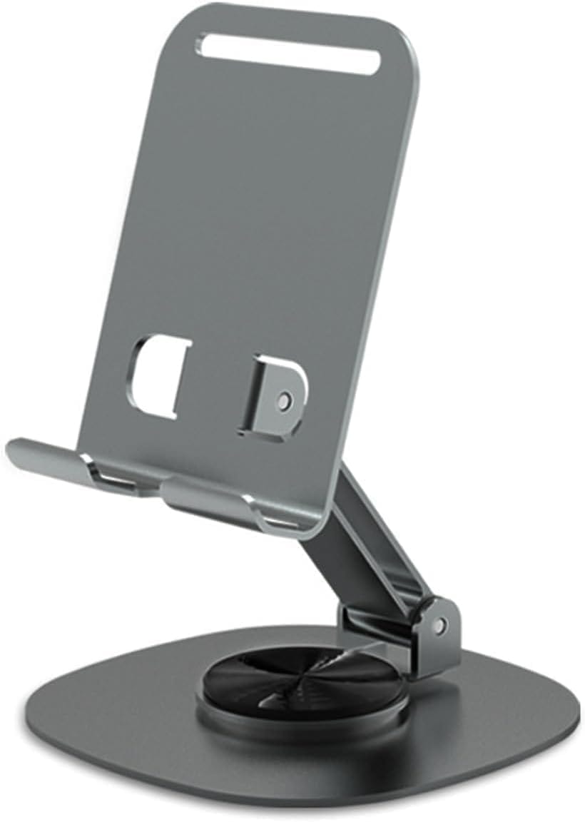 Premium 360° Adjustable Metal Phone Stand, Foldable Desktop Holder with Anti-Slip Base, All-Metal Construction, Height Adjustable for Mobile Phones and Tablets (Grey)